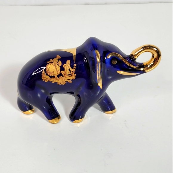 Limoges Castel France Cobalt Blue with Gold Porcelain Baby Elephant Figure - Picture 1 of 14